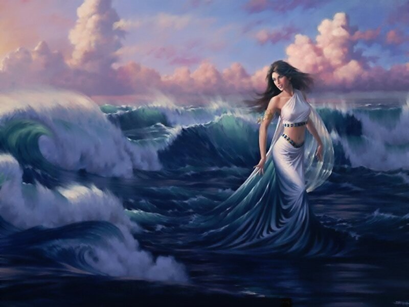 Woman in Ocean Waves — Blue, Dramatic, Sunset
