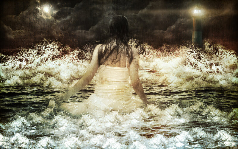 Woman in Ocean Waves — White, Dramatic, Night