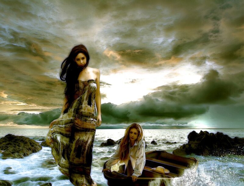 Woman in Ocean with Boat