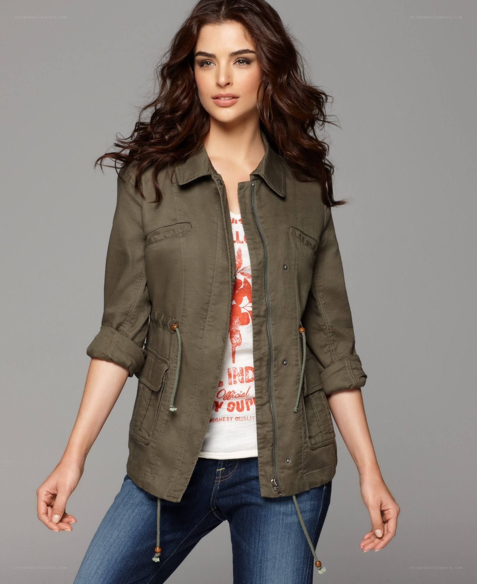 woman in olive jacket