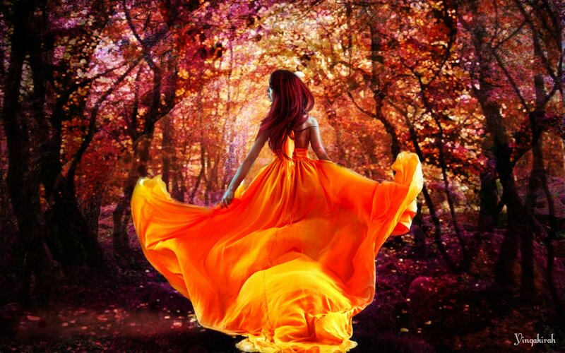 Woman in Orange Dress — Dramatic, Autumn, Digital Art
