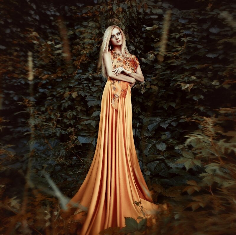 Woman in Orange Dress — Dramatic, Autumn, Photograph