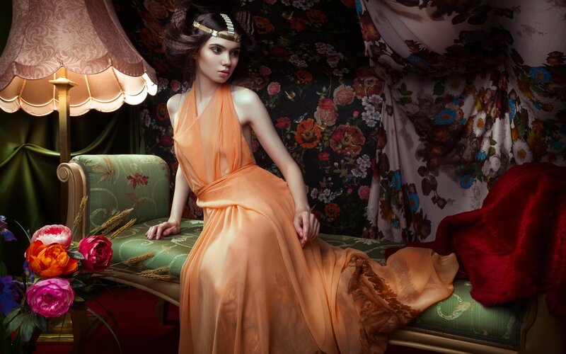 Woman in Orange Dress — Dramatic, Night, Photograph, Lamp