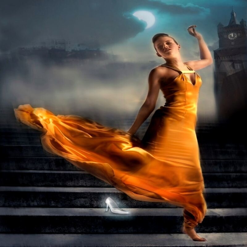 Woman in Orange Dress — Dramatic, Night