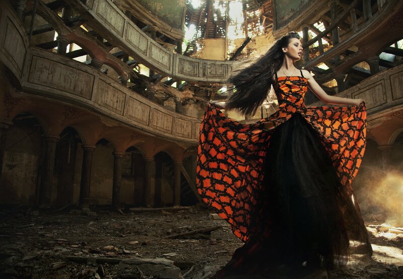 Woman in Orange Dress — Dramatic, Photograph, Abandoned Building
