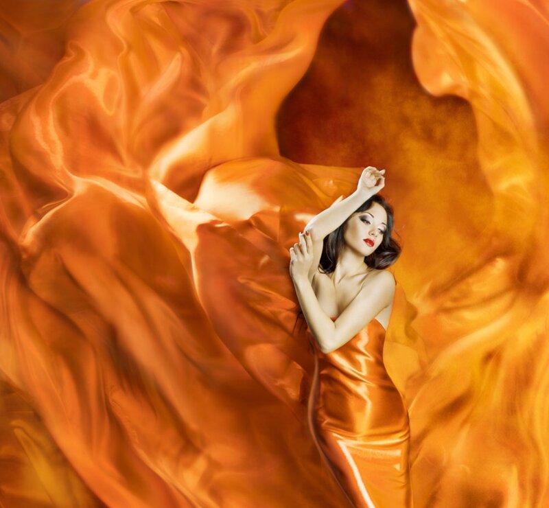 Woman in Orange Dress — Dramatic, Photograph, Fabric