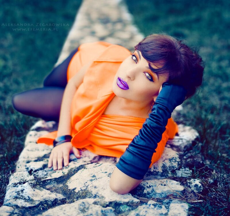 Woman in Orange Dress — Dramatic, Photograph, Gloves