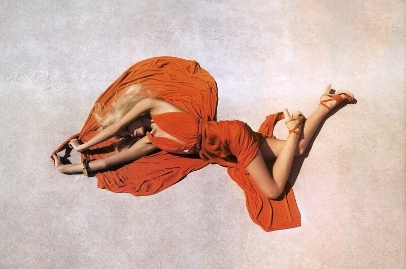 Woman in Orange Dress — Dramatic, Photograph, Sandals