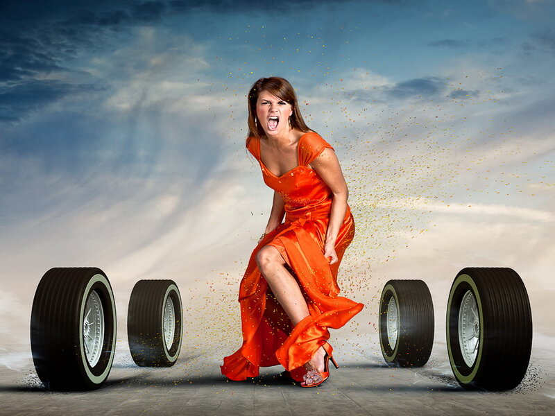 Woman in Orange Dress — Dramatic, Photograph, Tires