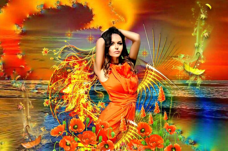 Woman in Orange Dress — Dramatic, Sunset, Digital Art
