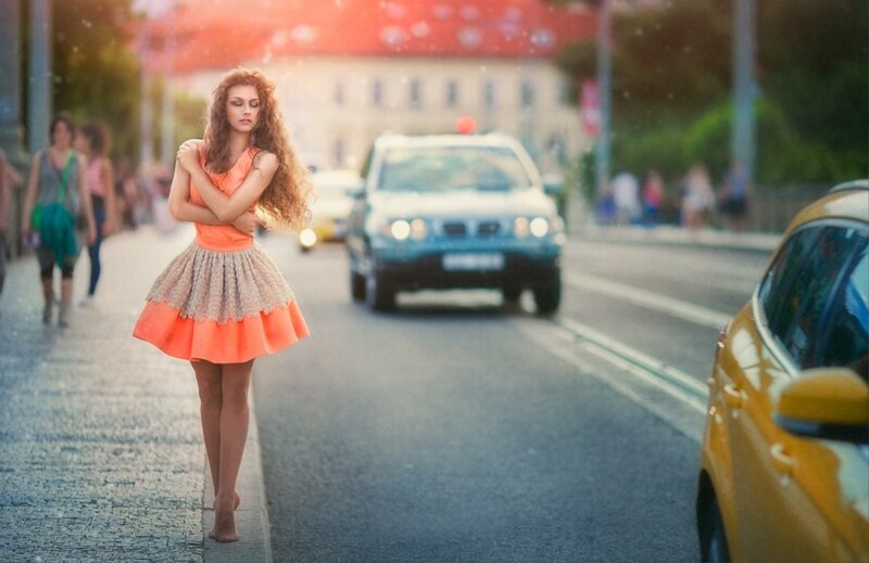 Woman in Orange Dress — Dramatic, Sunset, Photograph, Car