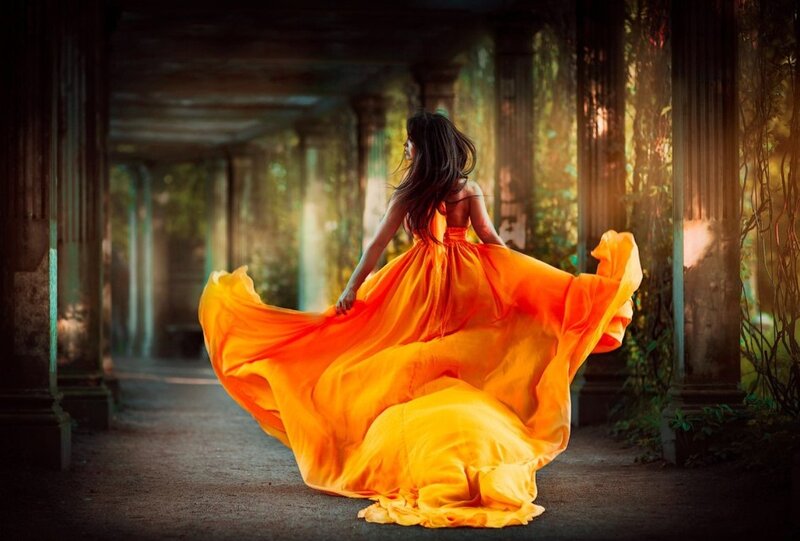 Woman in Orange Dress — Dramatic, Sunset, Photograph, Columns