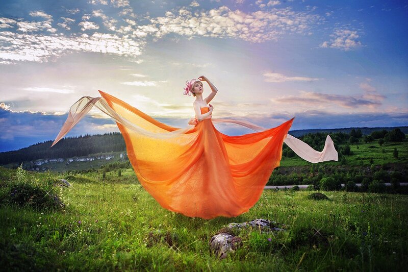 Woman in Orange Dress — Dramatic, Sunset, Photograph, Field