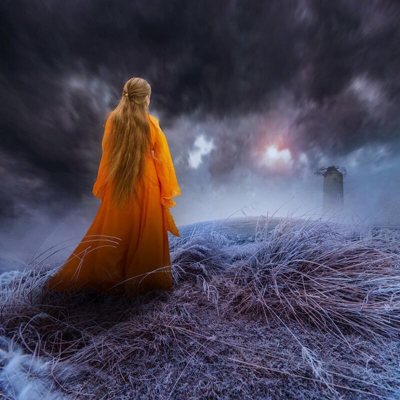 Woman in Orange Dress — Dramatic, Winter