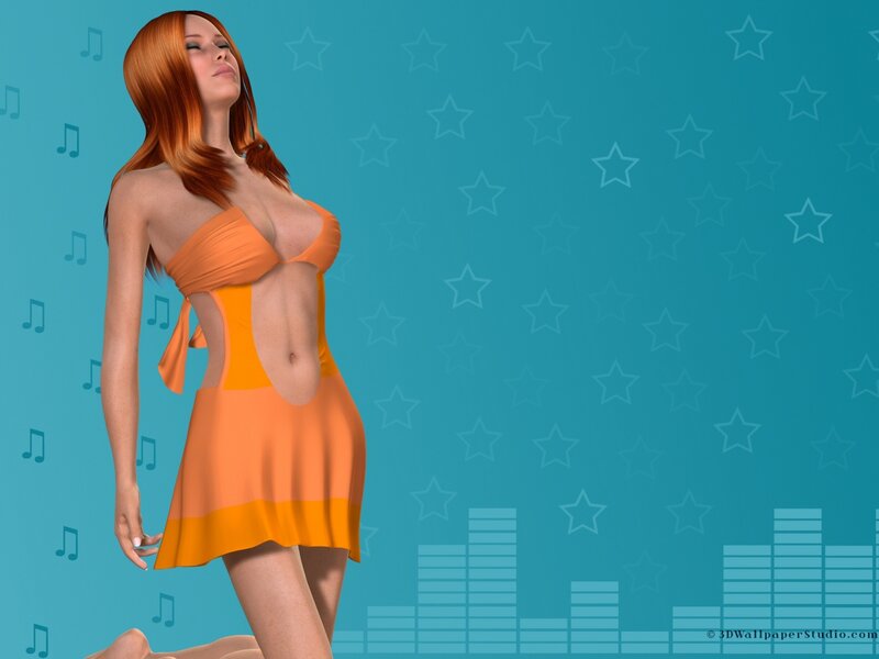 Woman in orange dress on music background