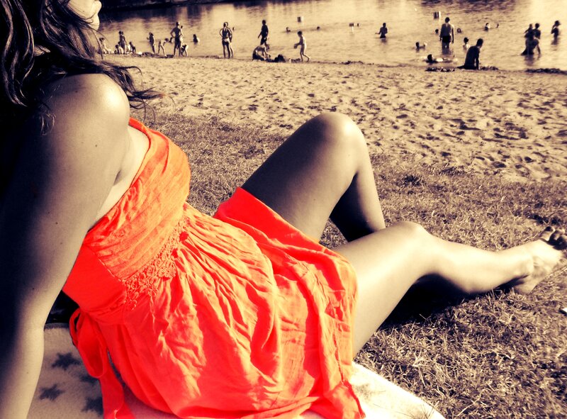Woman in Orange Dress — Relaxed, Afternoon, Photograph, Beach