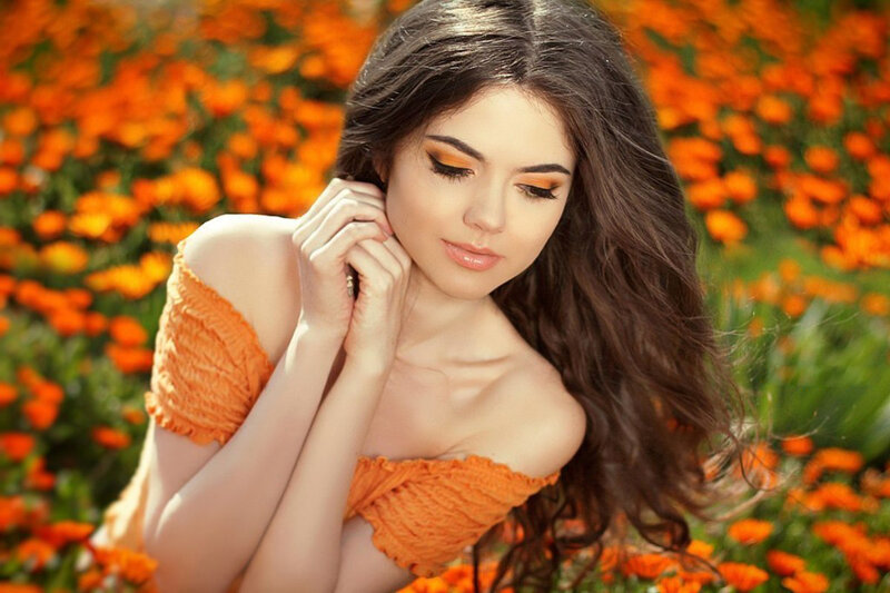 Woman in Orange Dress — Serene, Afternoon, Photograph, Flowers, Long Hair