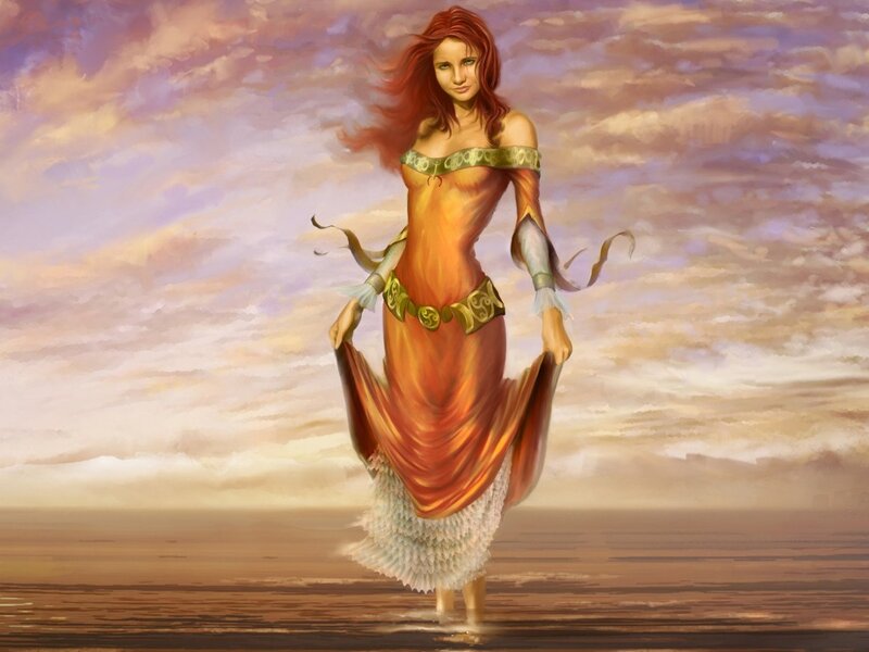 Woman in Orange Dress — Serene, Sunset, Digital Art