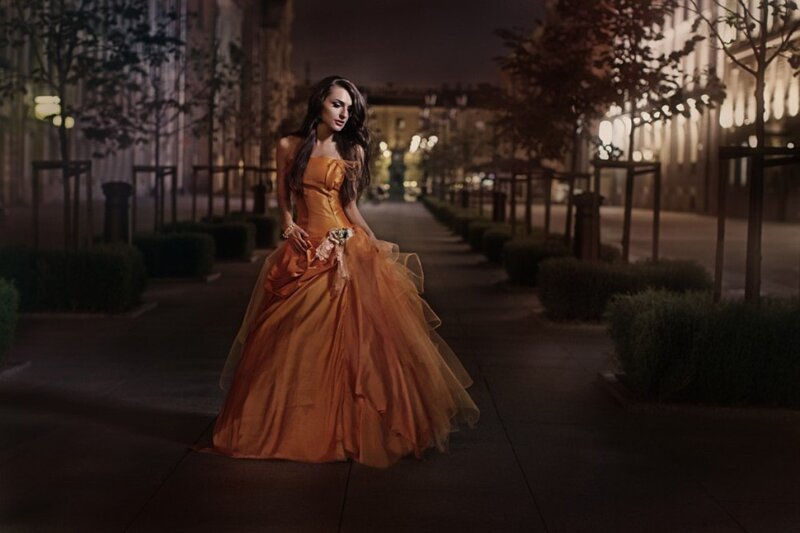 Woman in Orange Gown — Dramatic, Night