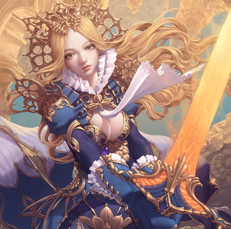 Woman in Ornate Armor — Blue, Dramatic, Digital Art, Sword