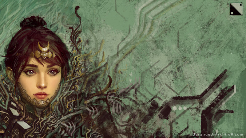 Woman in Ornate Armor — Green, Dramatic