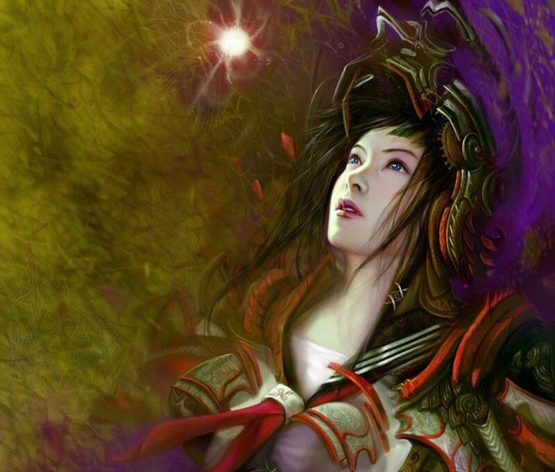 Woman in Ornate Armor — Purple, Dramatic, Digital Art, Helmet