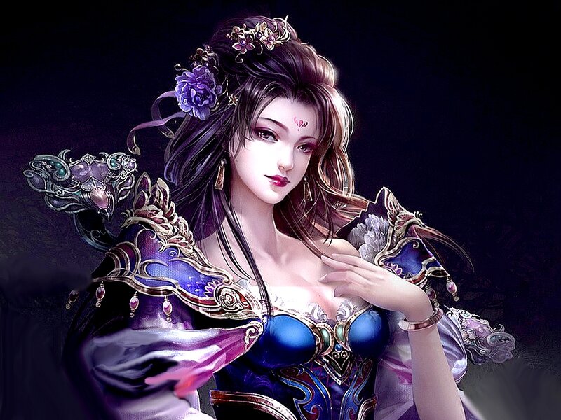 Woman in Ornate Armor — Purple, Dramatic, Night