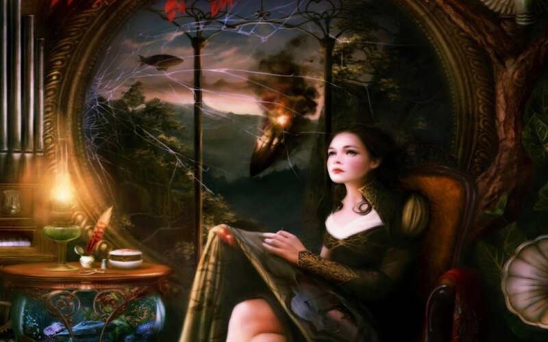 Woman in Ornate Chair — Brown, Dramatic