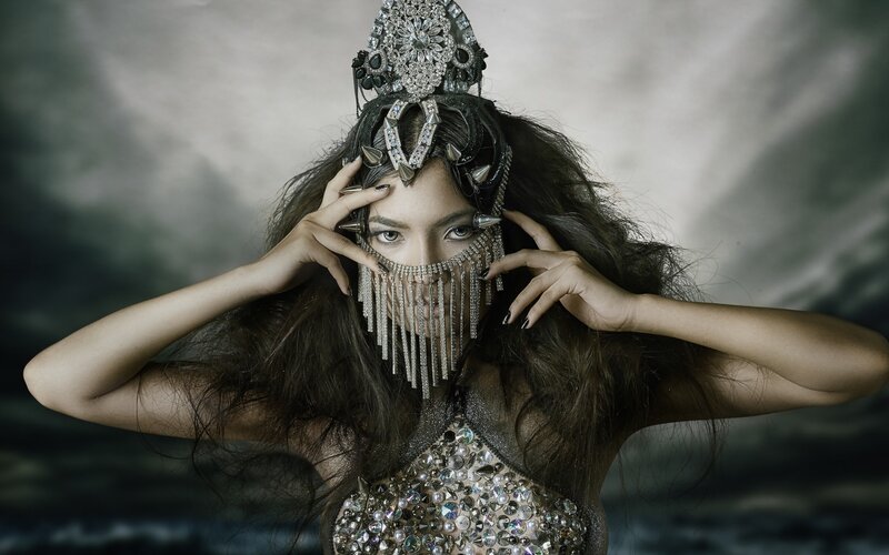 Woman in Ornate Costume — Black, Dramatic, Photograph, Jeweled Headpiece
