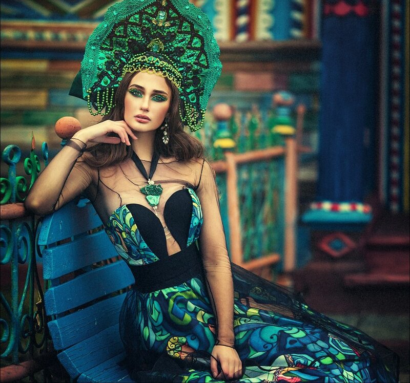 Woman in Ornate Costume — Green, Dramatic, Photograph