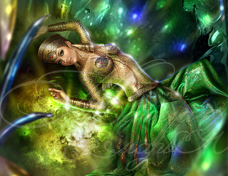 Woman in Ornate Costume — Green, Dramatic