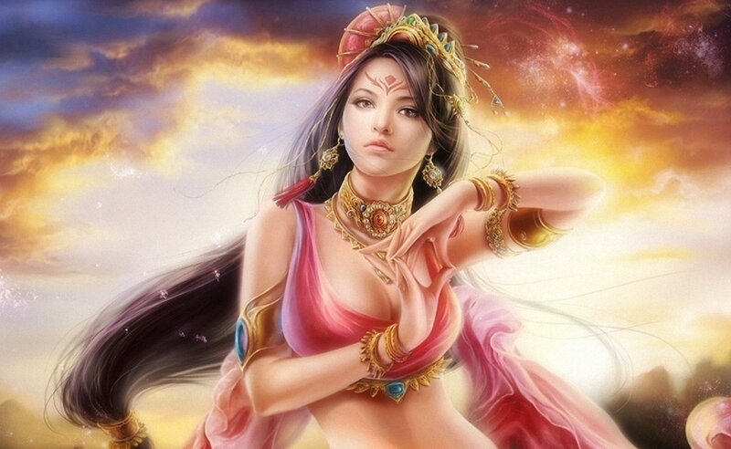 Woman in Ornate Costume — Pink, Dramatic, Sunset
