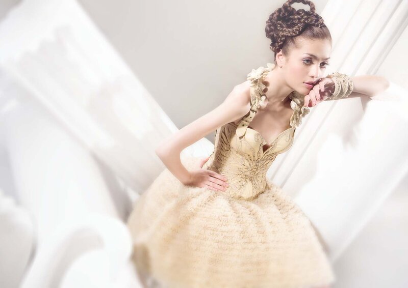 Woman in Ornate Dress — Beige, Dramatic