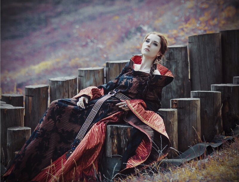 Woman in Ornate Dress — Black, Dramatic, Autumn