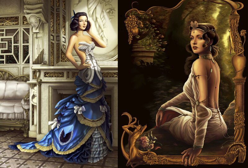 Woman in Ornate Dress — Blue, Dramatic, Digital Art, Mirror