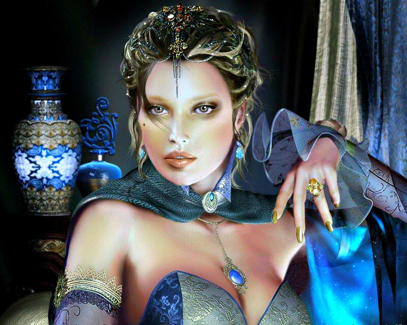 Woman in Ornate Dress — Blue, Dramatic, Digital Art, Vase