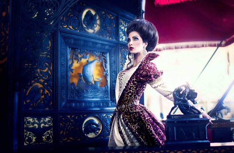 Woman in Ornate Dress — Blue, Dramatic, Photograph