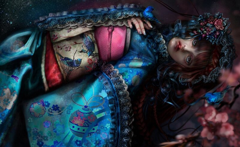 Woman in Ornate Dress — Blue, Dreamy