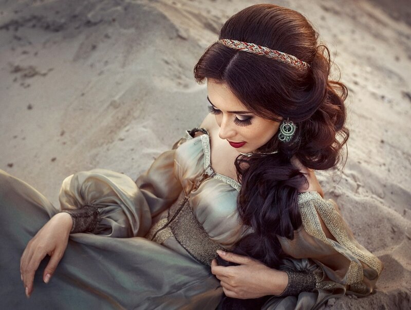 Woman in Ornate Dress — Brown, Dramatic, Afternoon