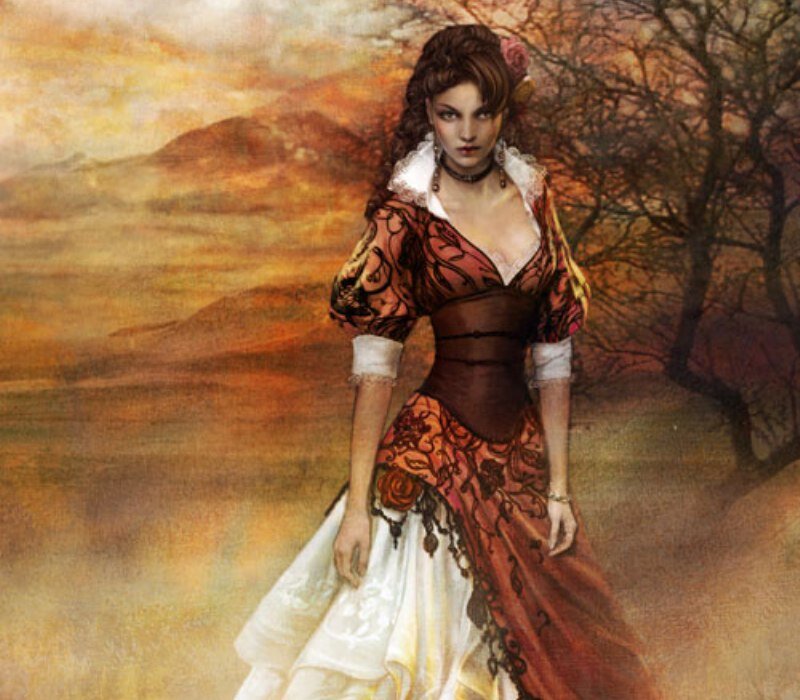 Woman in Ornate Dress — Brown, Dramatic, Sunset