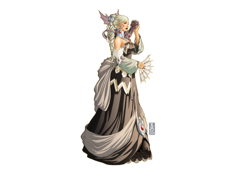 Woman in Ornate Dress — Brown, Dramatic