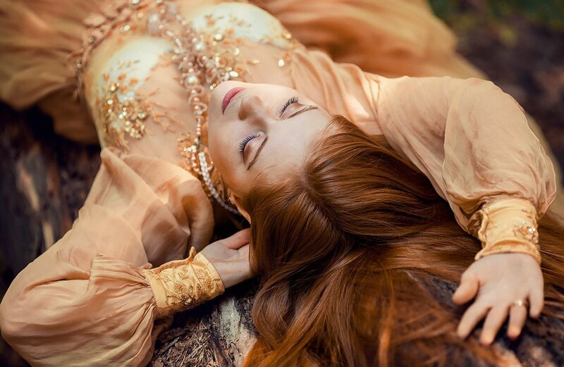 Woman in Ornate Dress — Brown, Serene