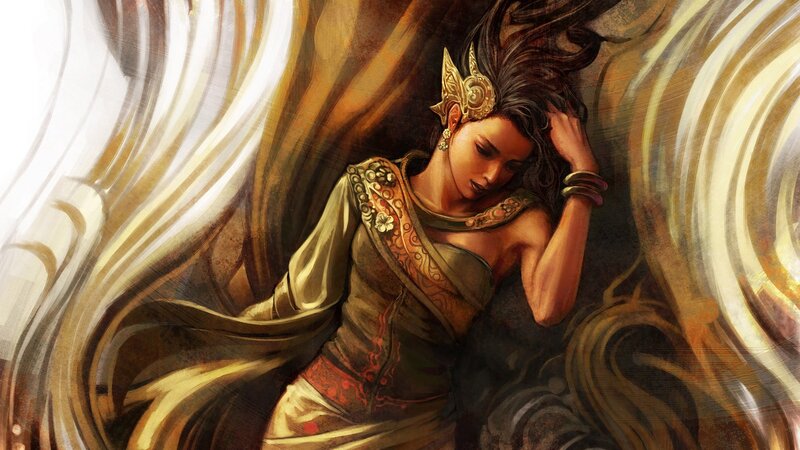 Woman in Ornate Dress — Gold, Dramatic, Digital Art, Headpiece