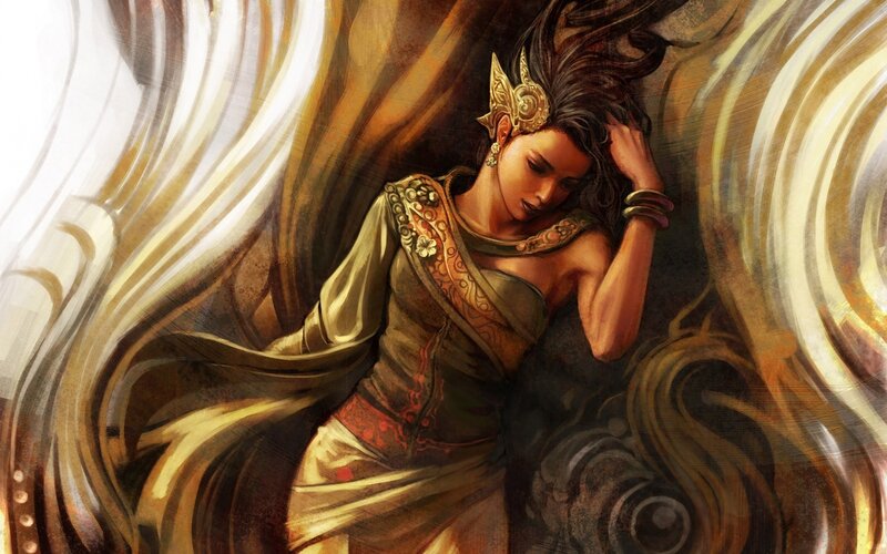 Woman in Ornate Dress — Gold, Dramatic