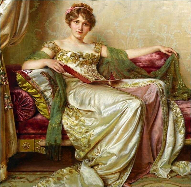 Woman in Ornate Dress — Gold, Serene