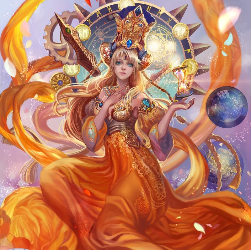 Woman in Ornate Dress — Orange, Dramatic, Digital Art