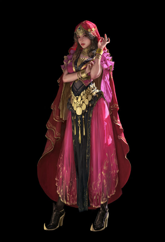 Woman in Ornate Dress — Pink, Dramatic, Digital Art