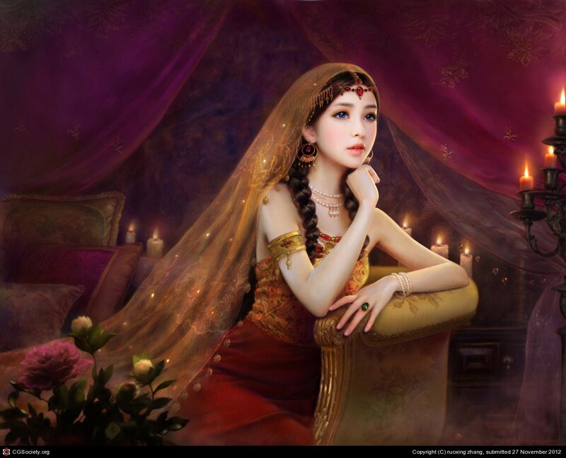 Woman in Ornate Dress — Purple, Dramatic, Night, Digital Art, Candles, Veil, Flowers, Chair