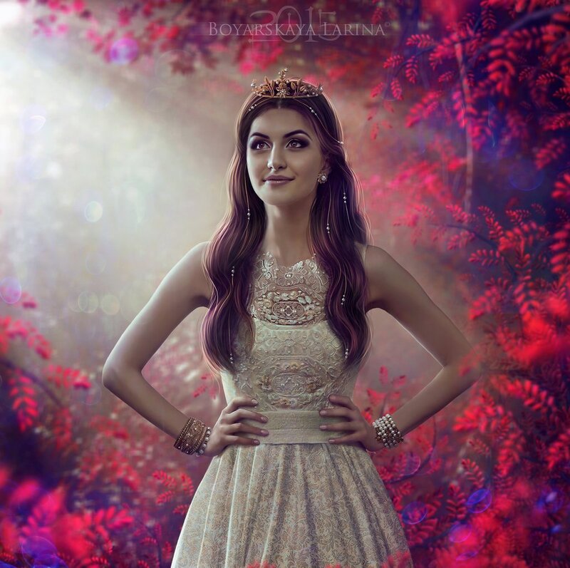 Woman in Ornate Dress — Red, Dramatic, Digital Art, Crown