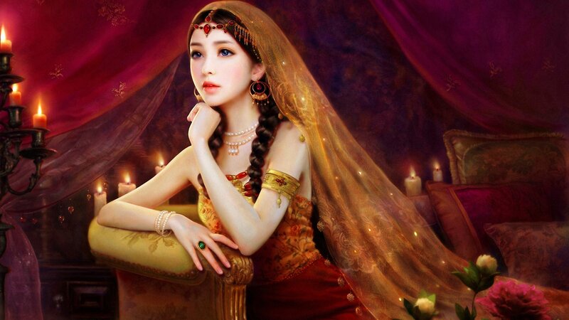 Woman in Ornate Dress — Red, Dramatic, Night, Digital Art